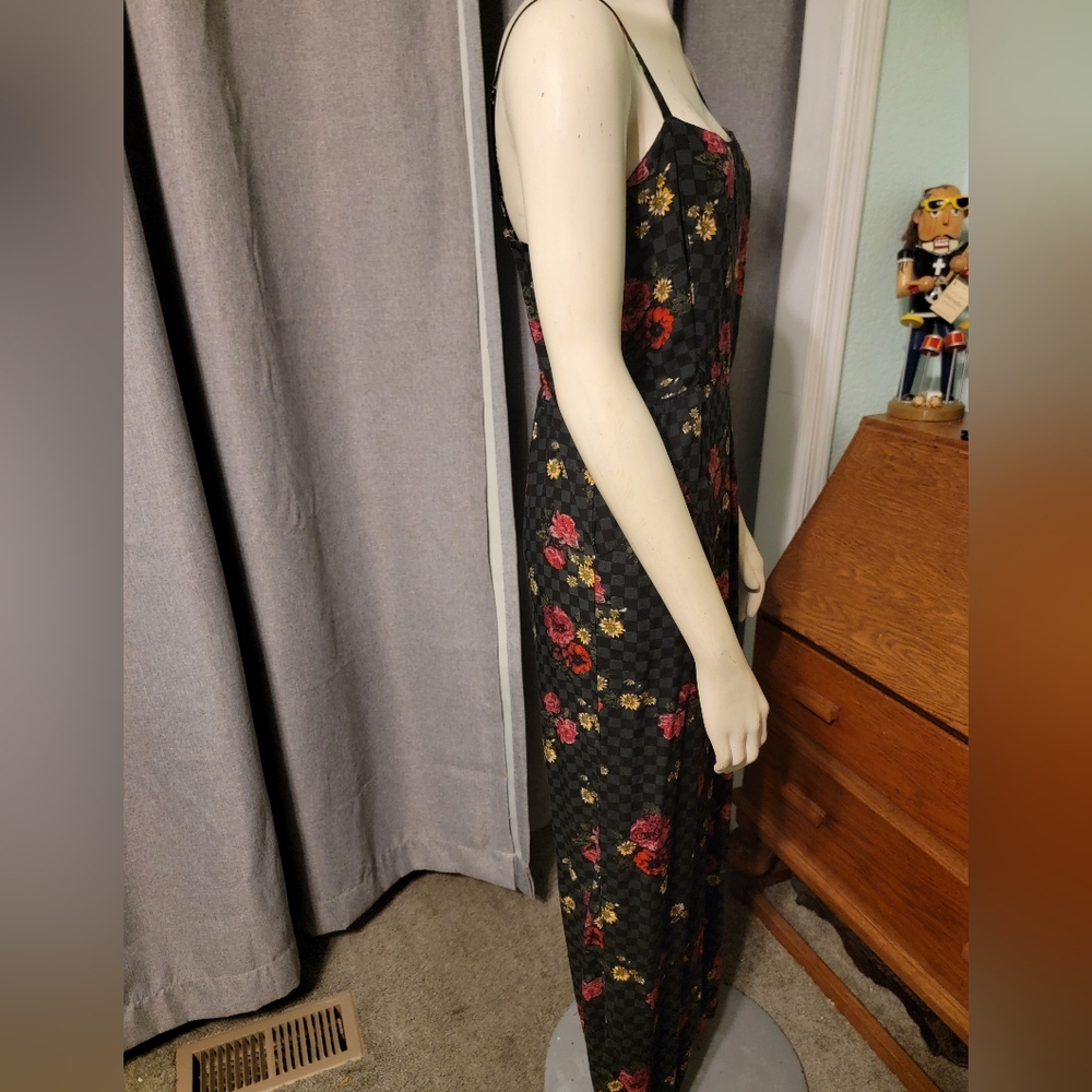 Y2K 90s Inspired Vans Checkered & Floral Grunge Coquette Flare Leg Jumpsuit‎ - Picture 3 of 10